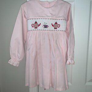 3 MOMMA'S CUSTOM MADE SMOCKED DRESS - "TEA PARTY" MOTIF - SIZE 5